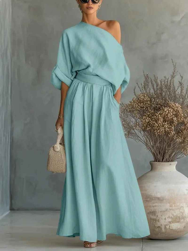 Lux | Off-Shoulder Linen Top & Tapered Pant Set