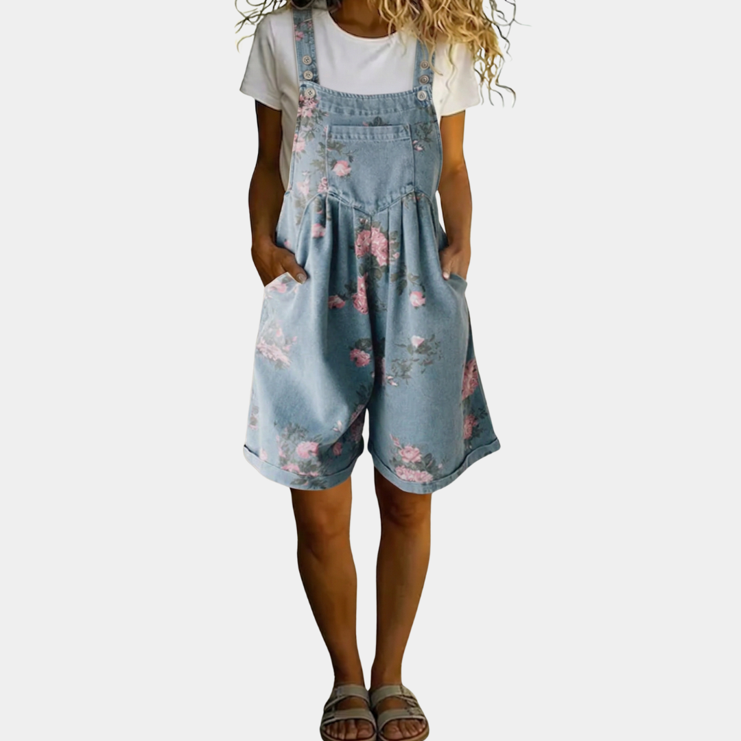 Joan | Vintage Washed Soft Cotton Feel Denim Floral Jumpsuit