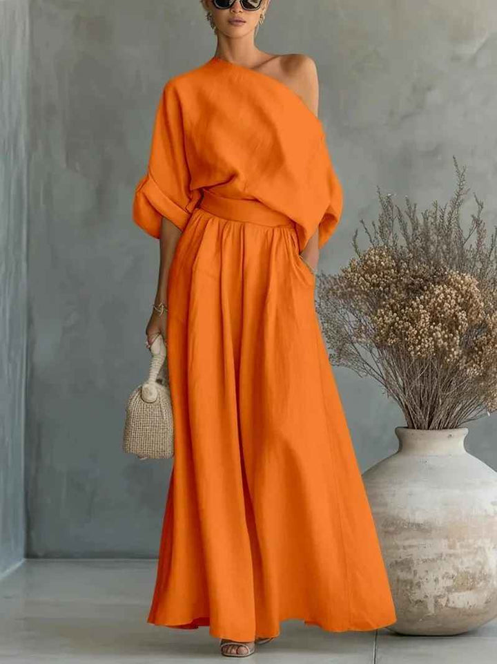 Lux | Off-Shoulder Linen Top & Tapered Pant Set