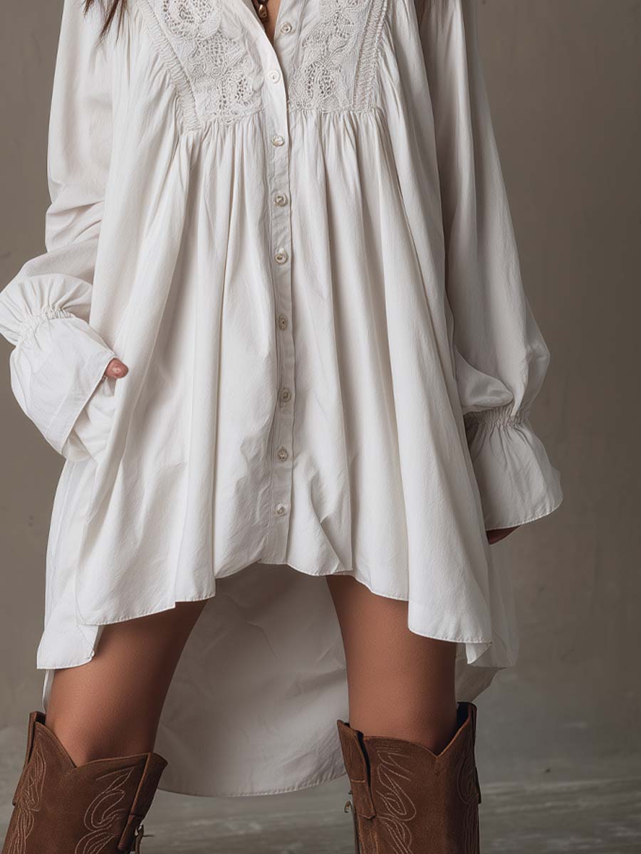 Bellea | Retro-style Lace Irregular Hem Long-sleeved Mini Dress