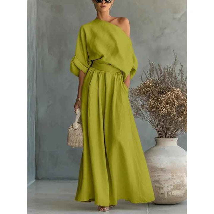 Lux | Off-Shoulder Linen Top & Tapered Pant Set