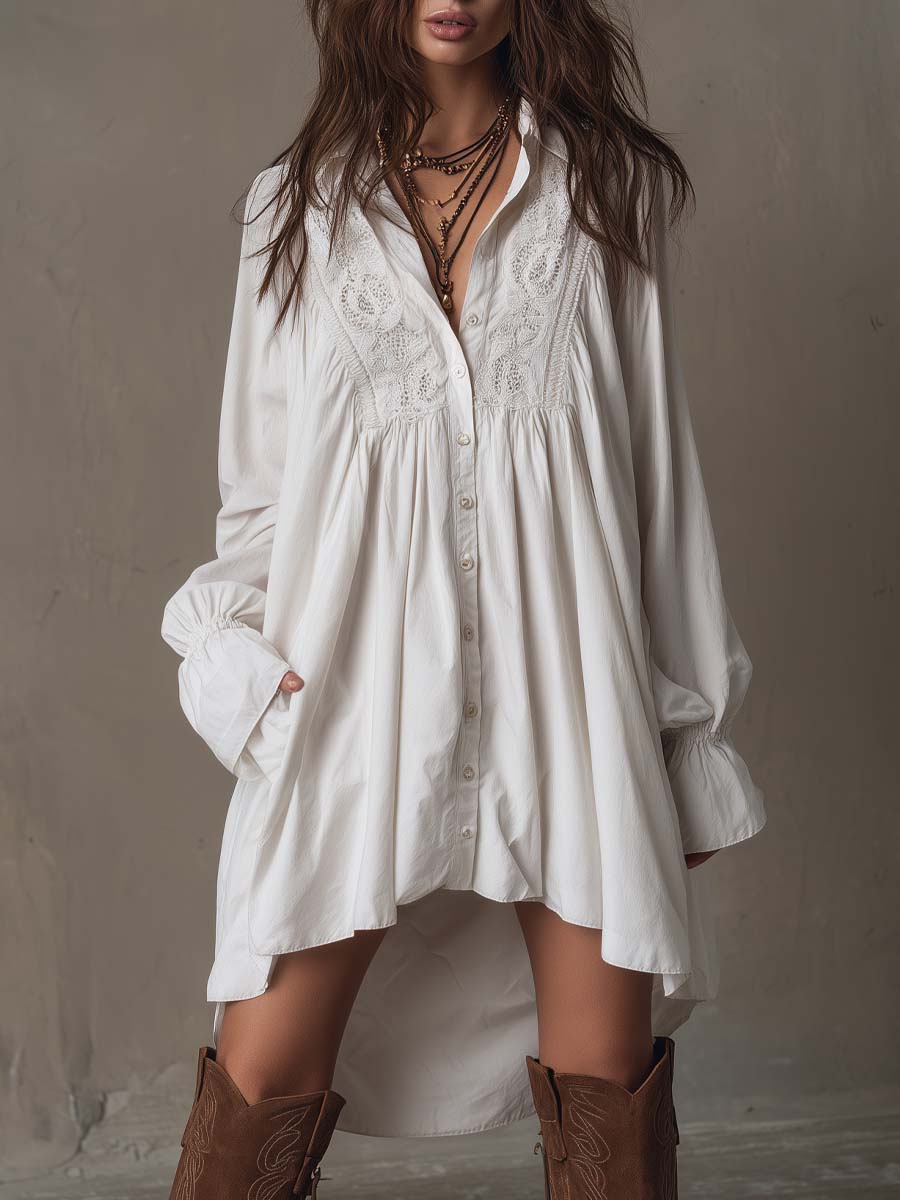 Bellea | Retro-style Lace Irregular Hem Long-sleeved Mini Dress