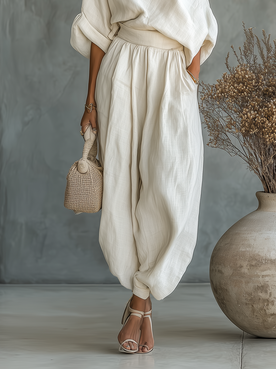 Lux | Off-Shoulder Linen Top & Tapered Pant Set