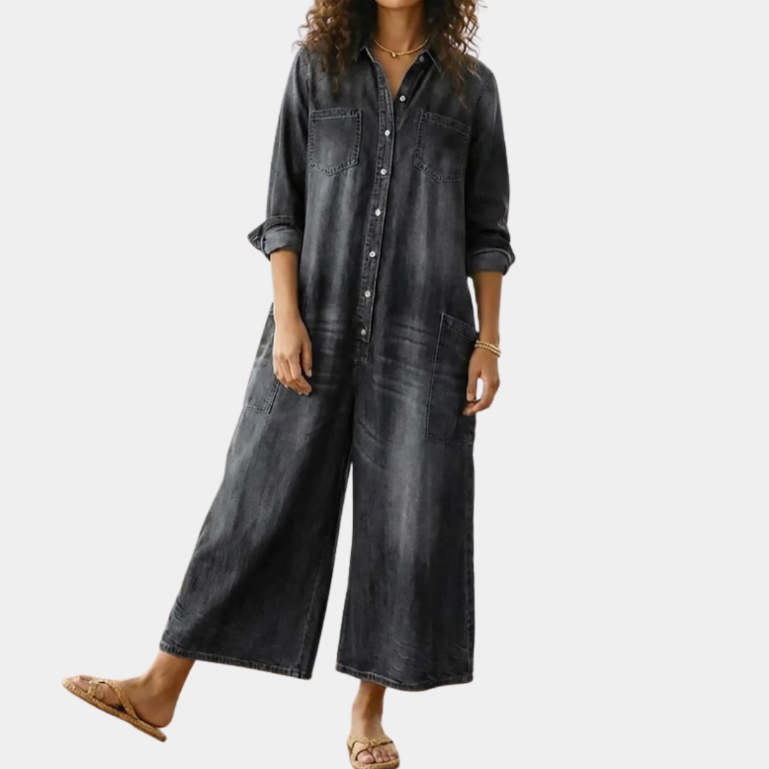 Mae | Vintage Washed Soft Cotton Denim Jumpsuit with Button Closure