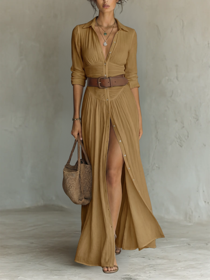 Lexy | Long Maxi Dress with Notched Collar and Long Sleeves for Women