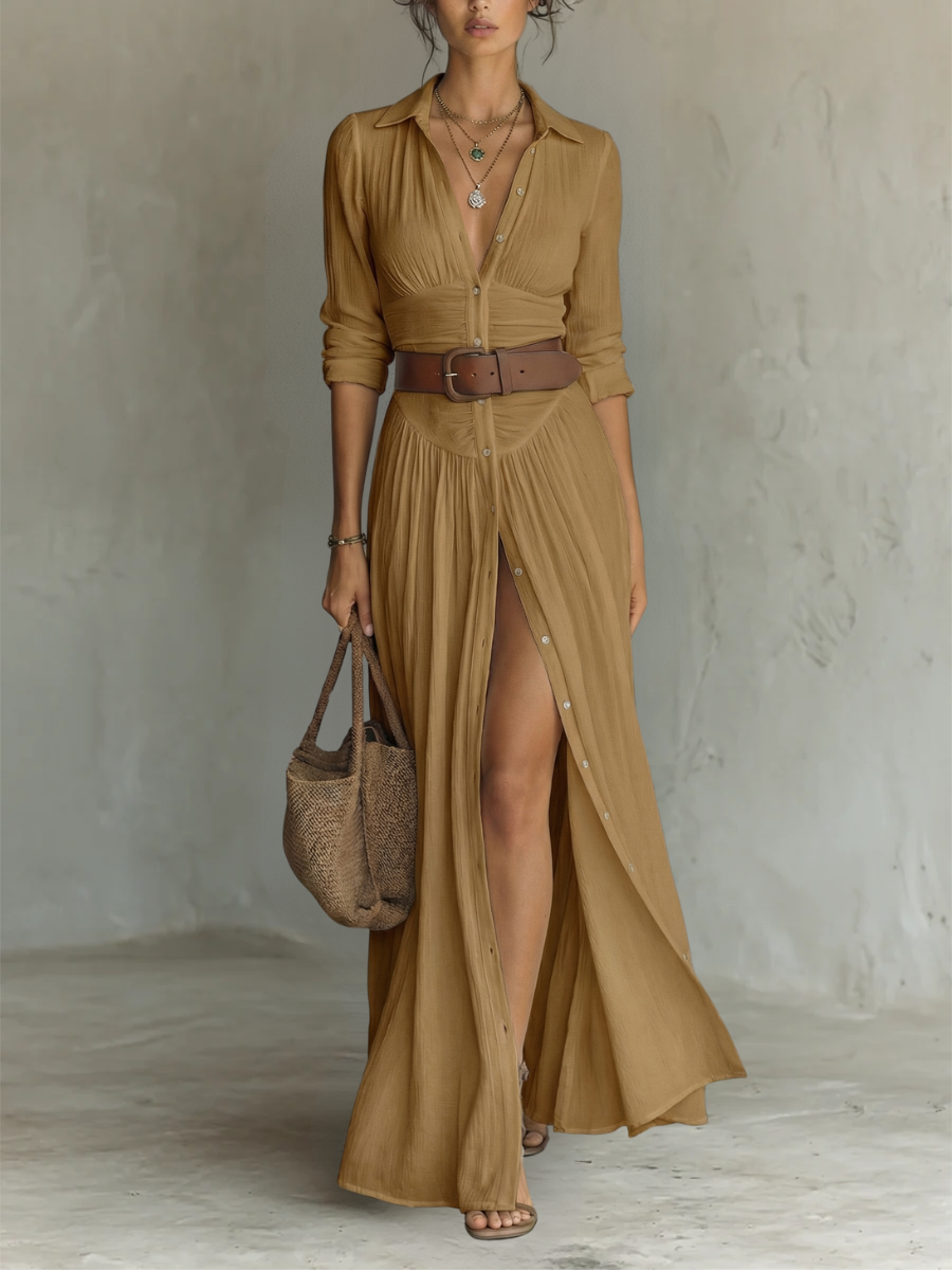 Alexa | Long Maxi Dress with Notched Collar and Long Sleeves for Women