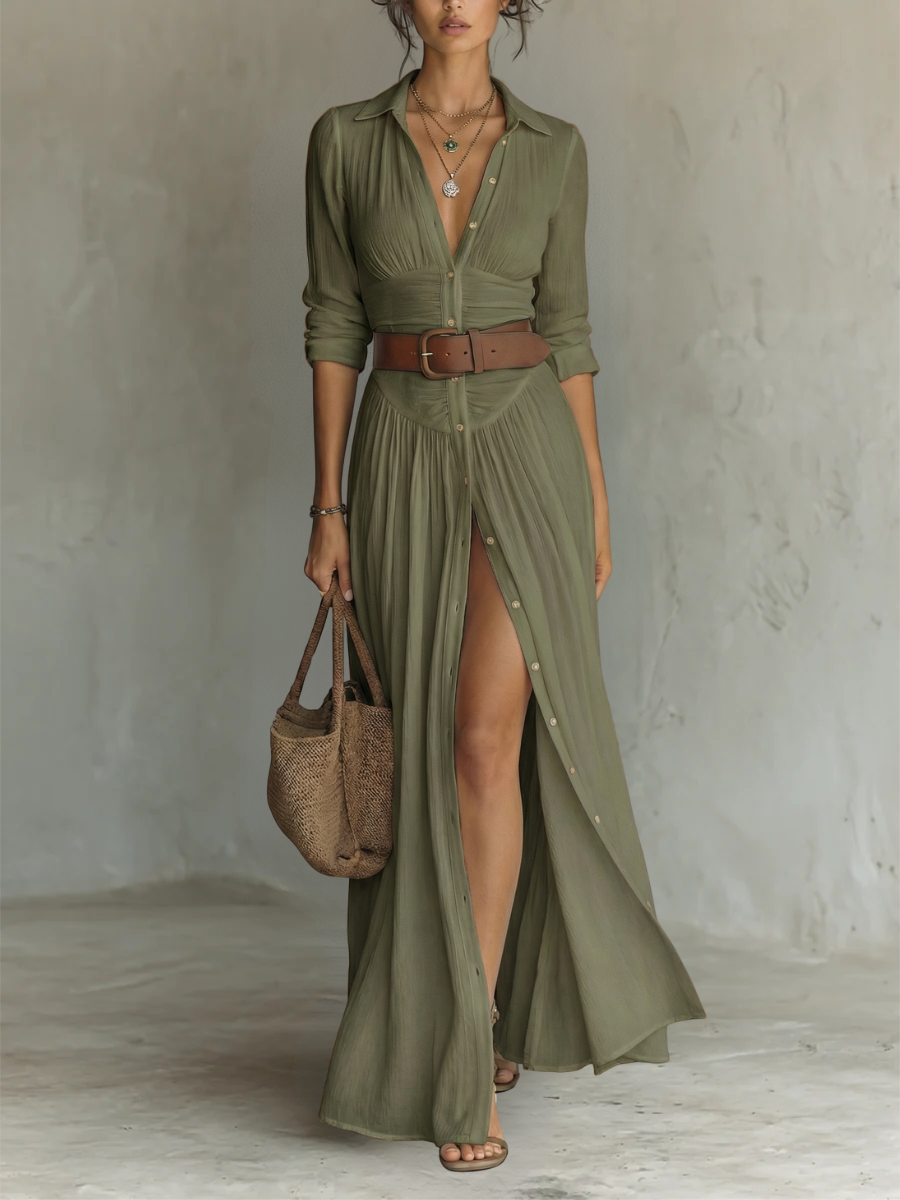 Lexy | Long Maxi Dress with Notched Collar and Long Sleeves for Women