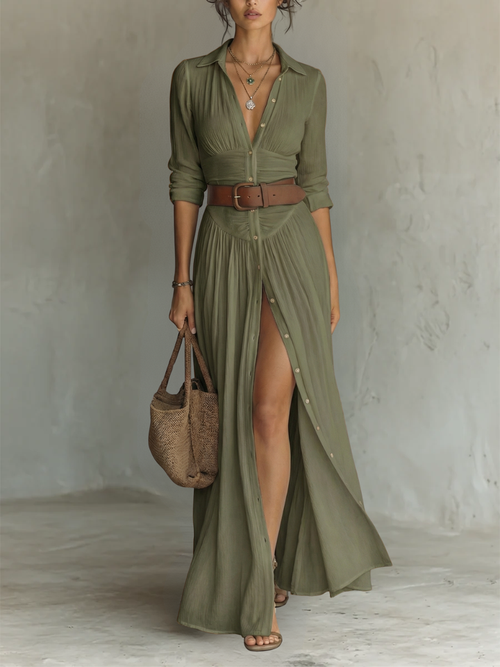 Lexy | Long Maxi Dress with Notched Collar and Long Sleeves for Women