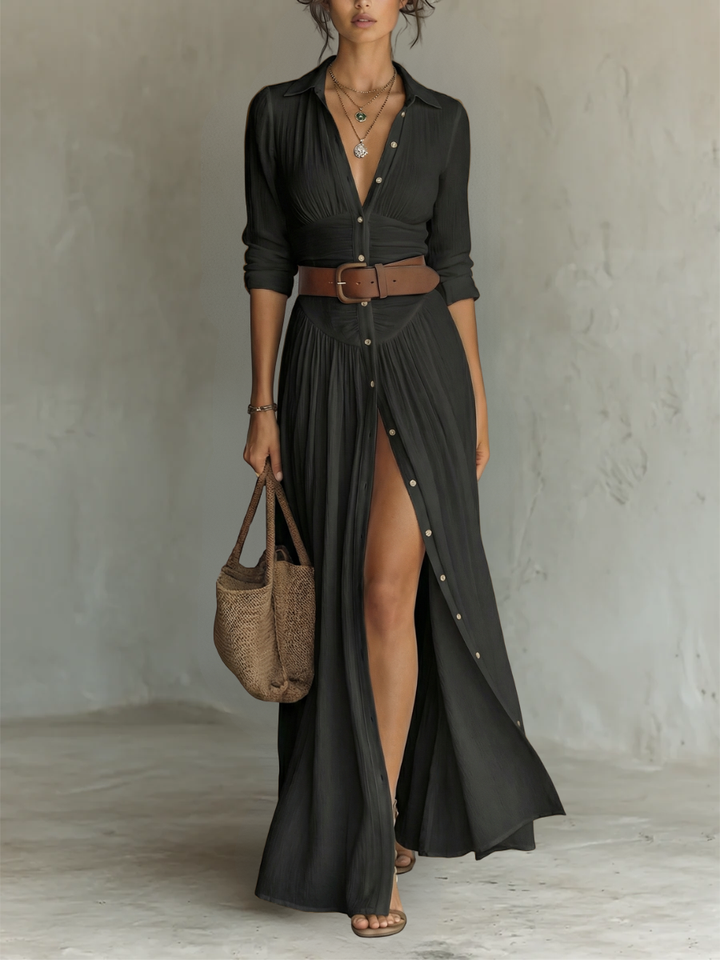 Lexy | Long Maxi Dress with Notched Collar and Long Sleeves for Women