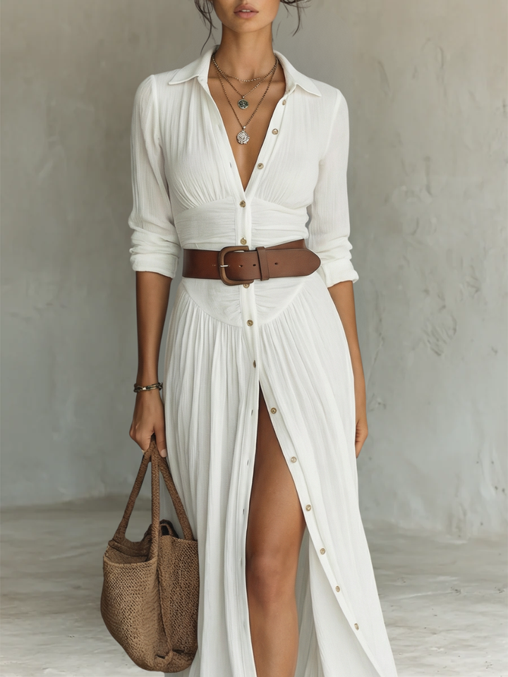 Lexy | Long Maxi Dress with Notched Collar and Long Sleeves for Women