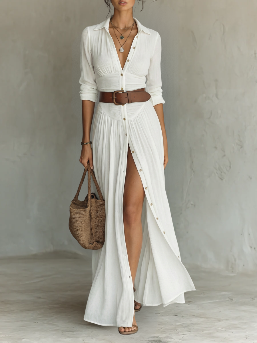 Alexa | Long Maxi Dress with Notched Collar and Long Sleeves for Women