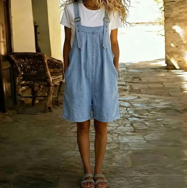 Lily | Vintage Washed Soft Cotton Feel Denim Short Overall Light blue