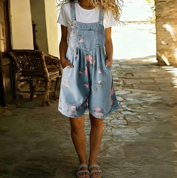 Joan | Vintage Washed Soft Cotton Feel Denim Floral Jumpsuit