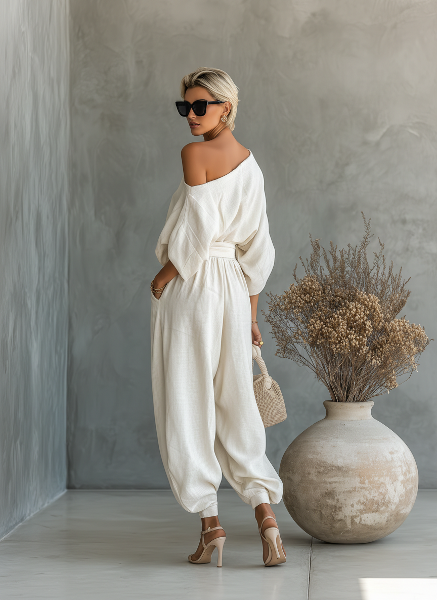 Lux | Off-Shoulder Linen Top & Tapered Pant Set