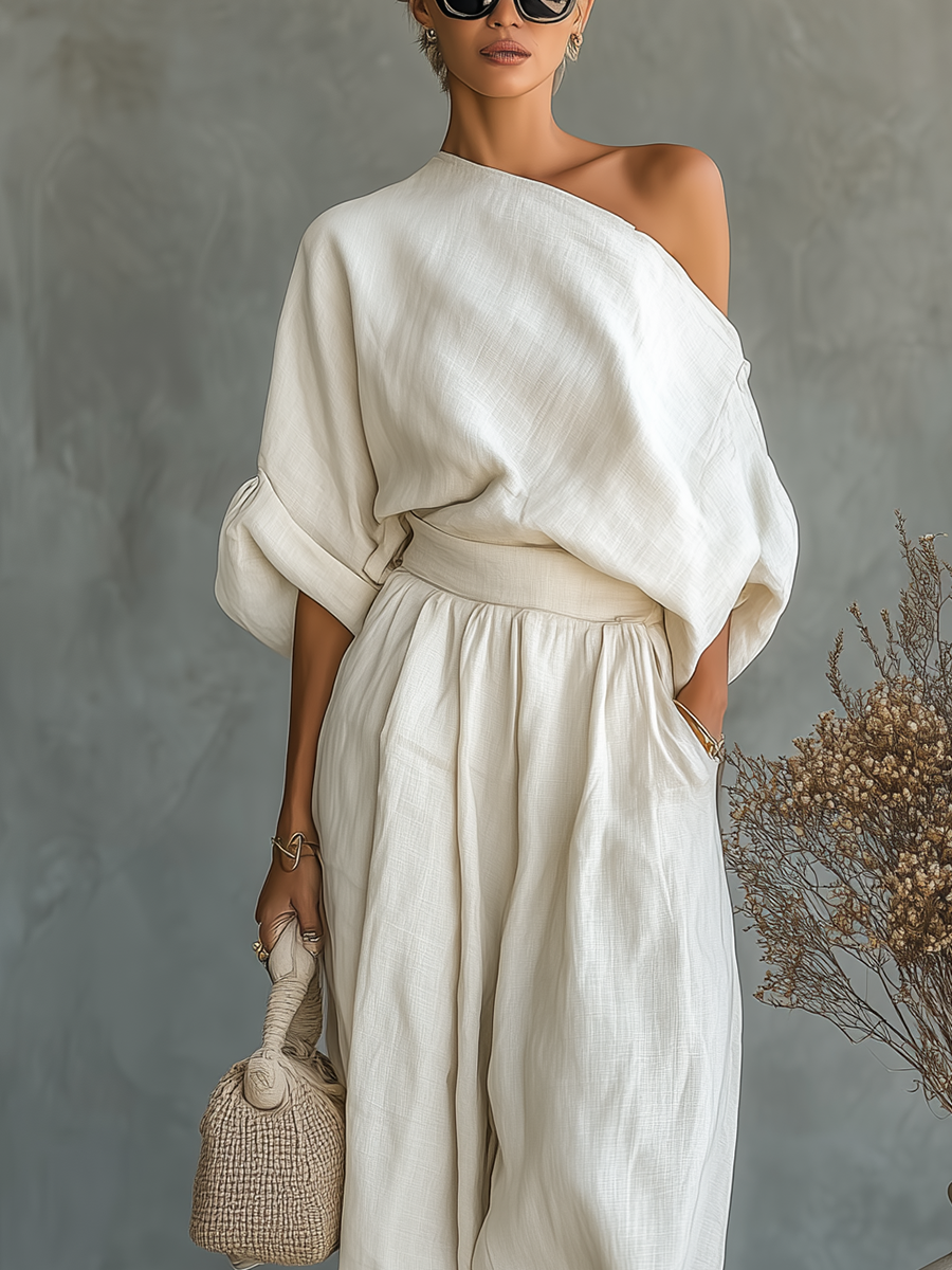Lux | Off-Shoulder Linen Top & Tapered Pant Set