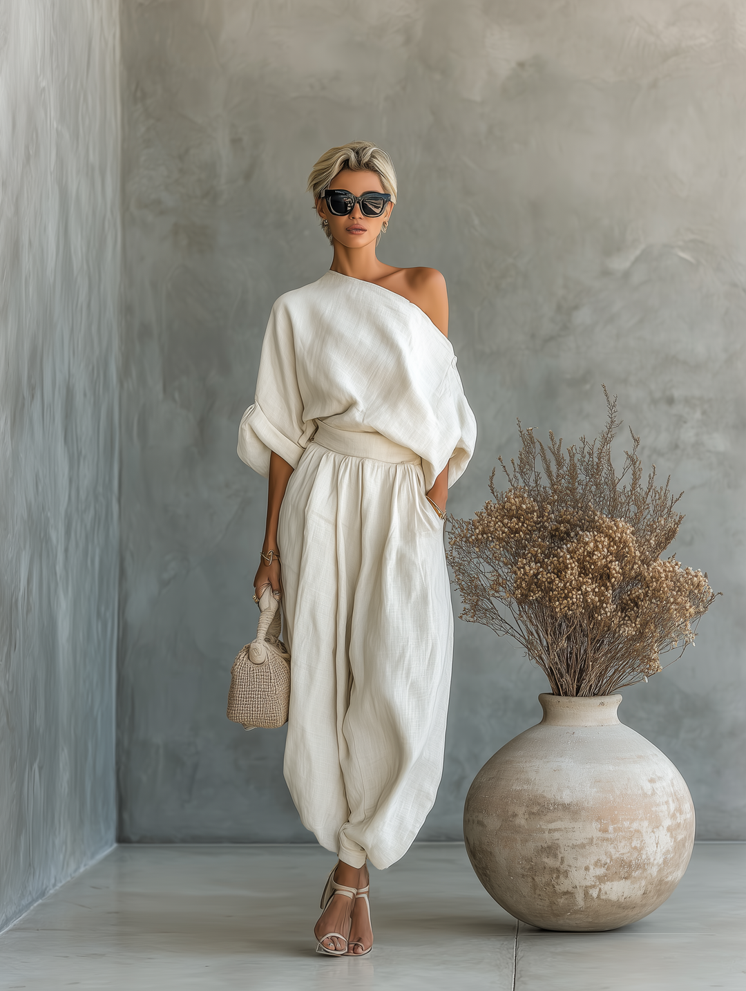 Lux | Off-Shoulder Linen Top & Tapered Pant Set