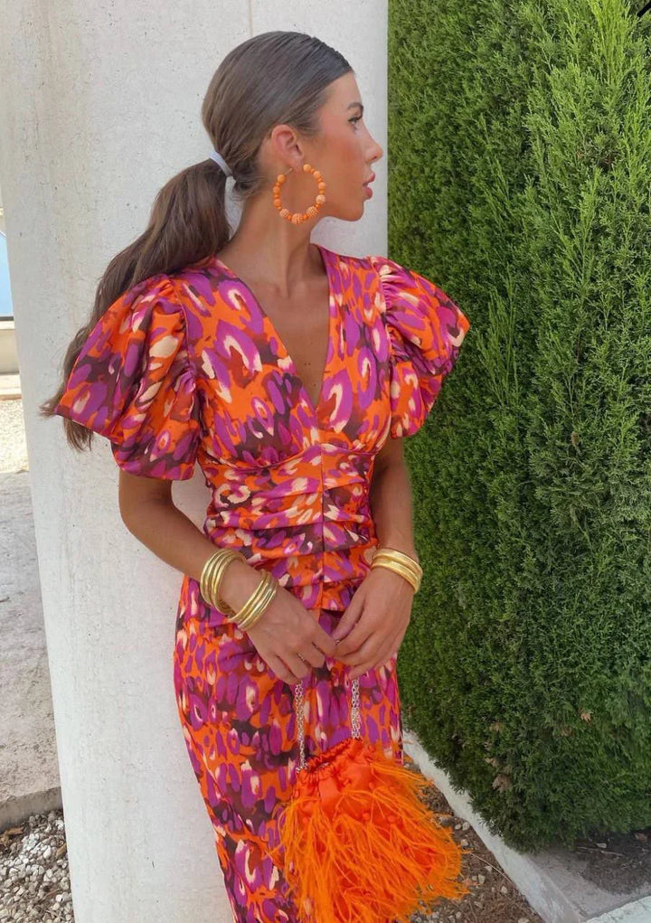 Loren - Vibrant Midi Dress with Puff Sleeves